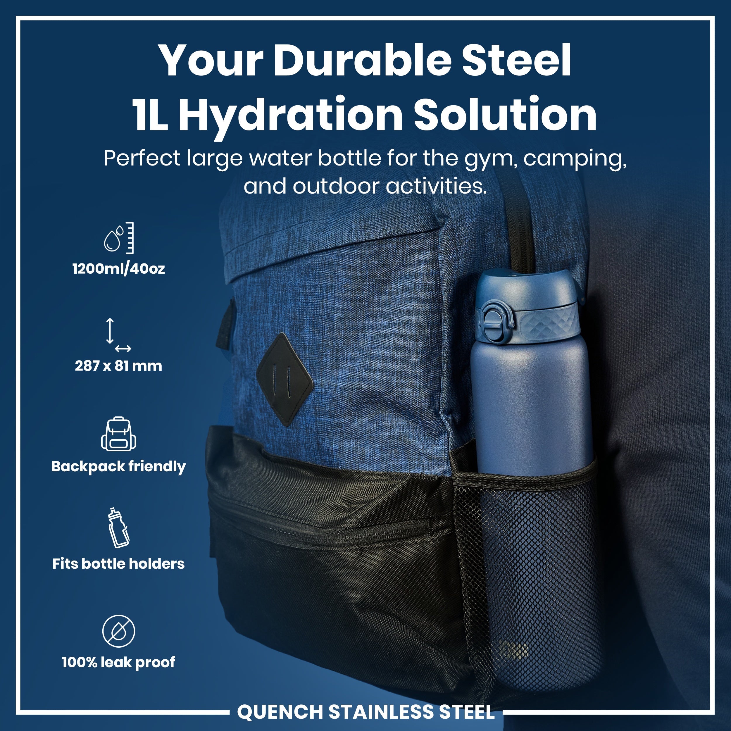 Leak Proof 1 Litre Water Bottle, Stainless Steel, Ash Navy, 1L