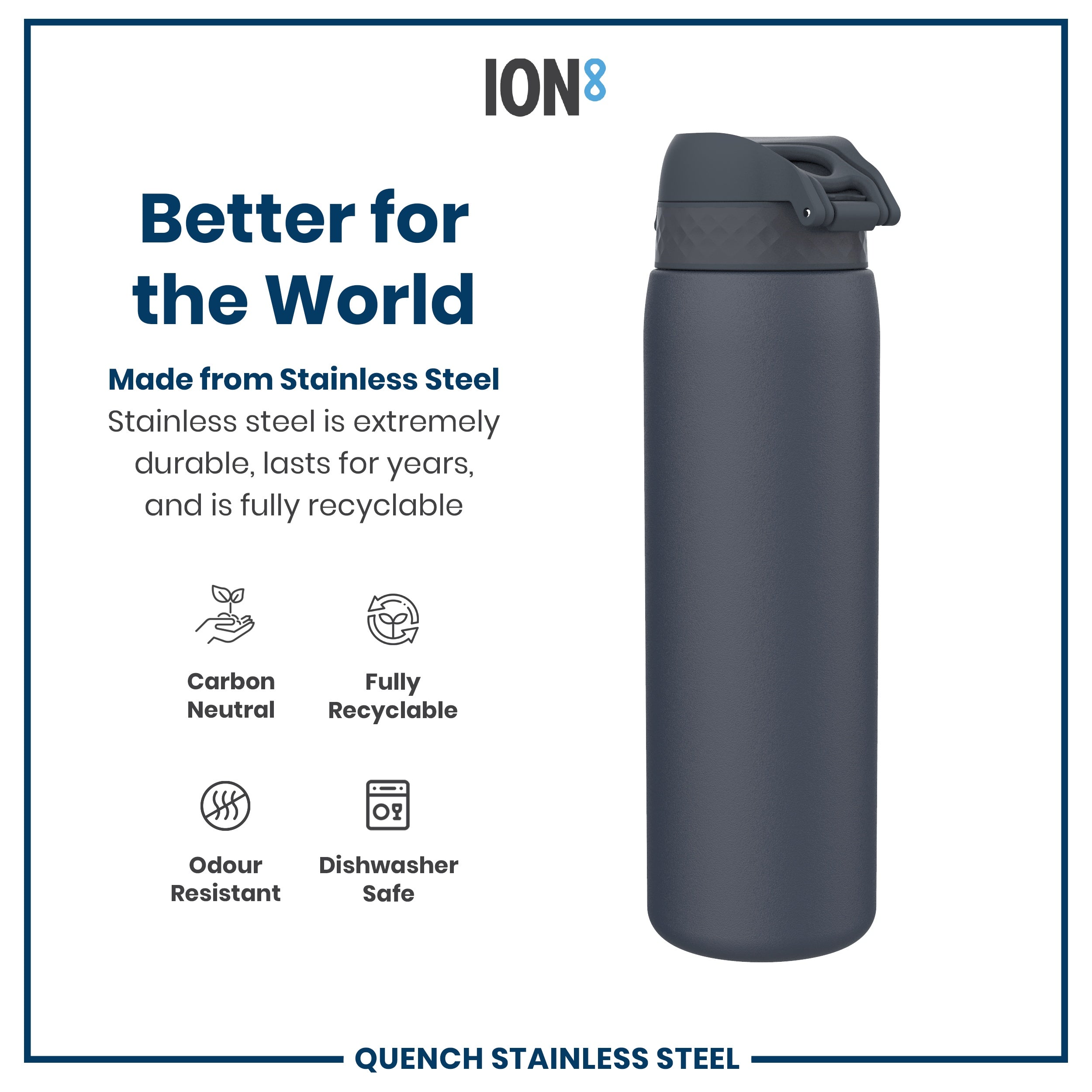 Leak Proof 1 Litre Water Bottle, Stainless Steel, Ash Navy, 1L